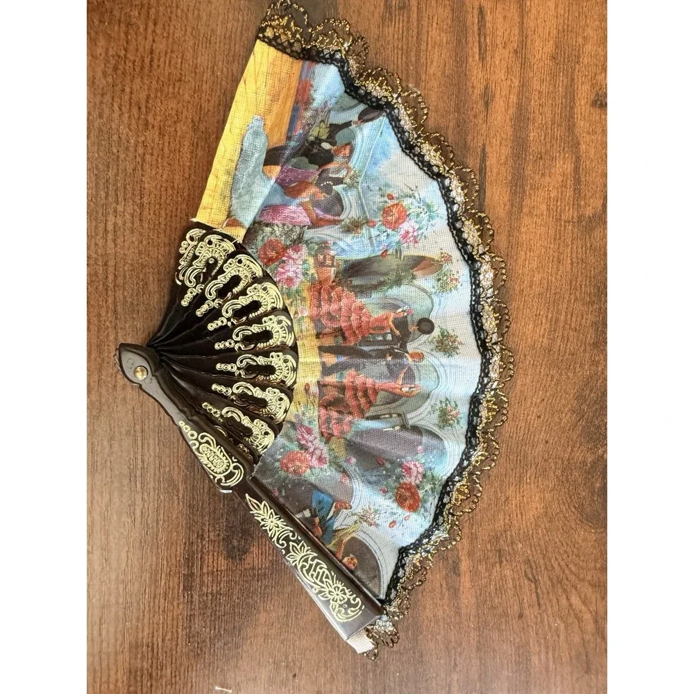 Decorative Spanish Hand Fan Painted Scene Lace Trim Gold Iberian Peninsula